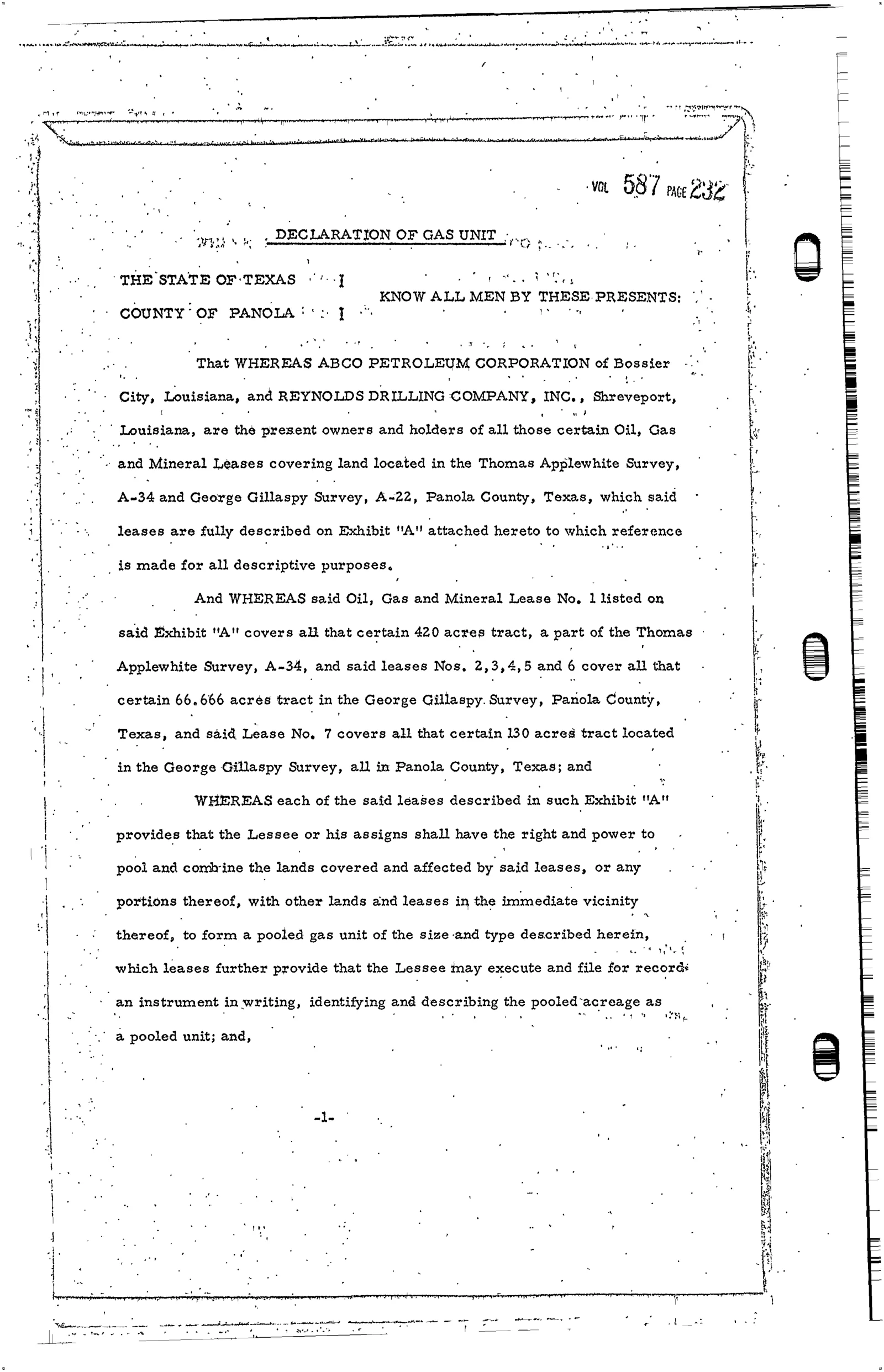 Reynolds Drilling Company Inc. - Recorded Unit Designation/Declaration (Vol. 587, Page 232)