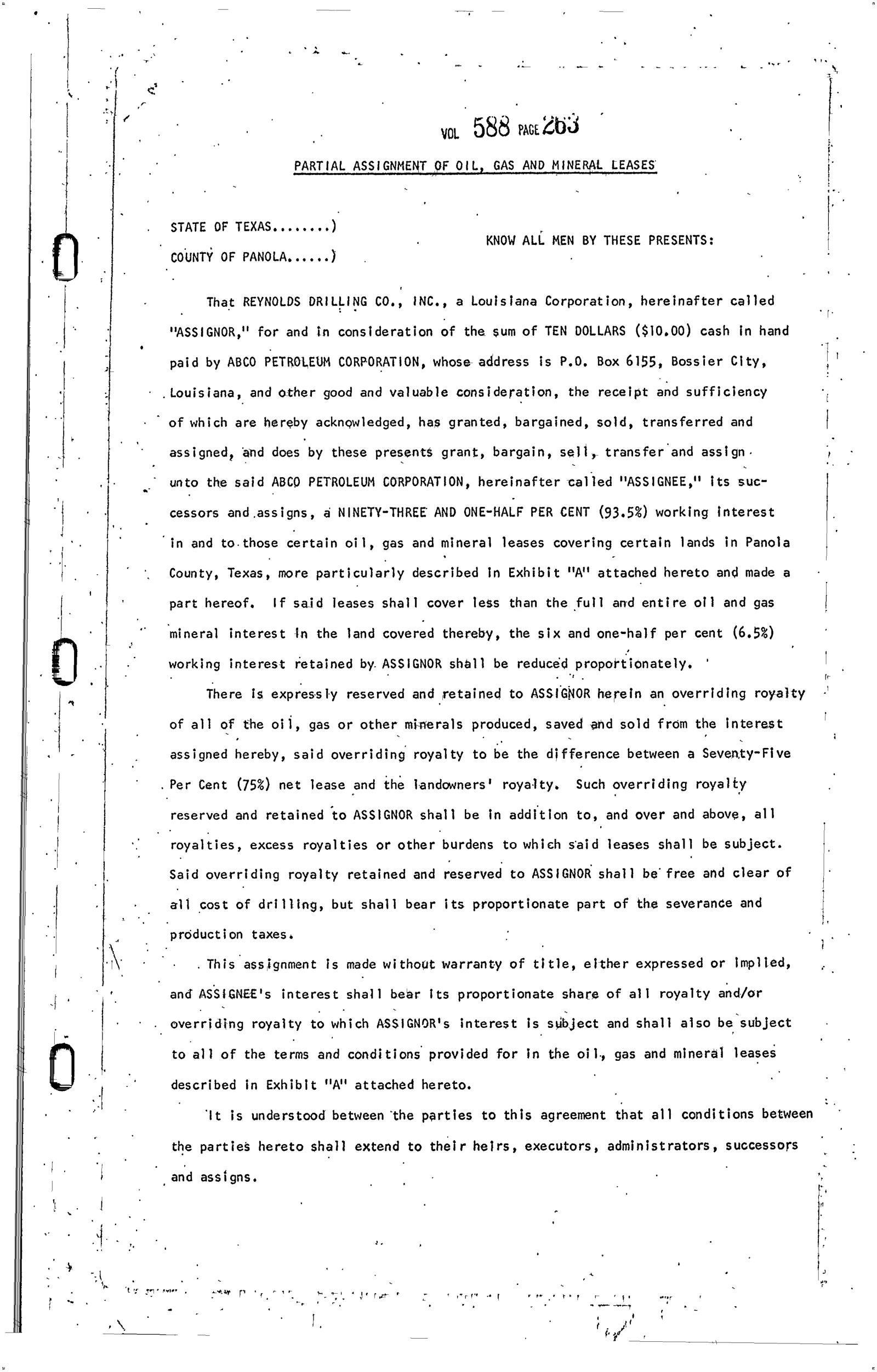 Reynolds Drilling Company Inc. - Recorded Assignment/Transfer (Vol. 588, Page 263)